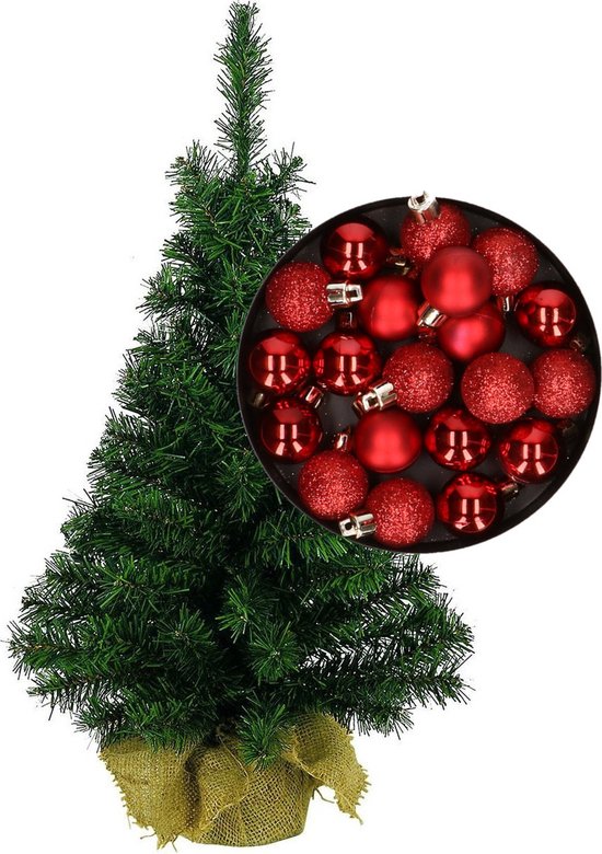 Mini kerstboom/kunst kerstboom H45 cm inclusief kerstballen rood - Kerstversiering