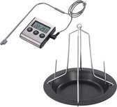 BBQ/oven kippenspit/kiphouder met schotel zwart 20 x 18 cm - Met digitale vleesthermometer / braadthermometer