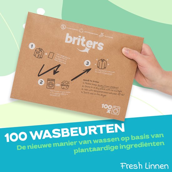 Briters Wasmiddel Strips - 100 wasbeurten - Ecologisch Wasmiddel - 100% plasticvrij - Fresh Linnen