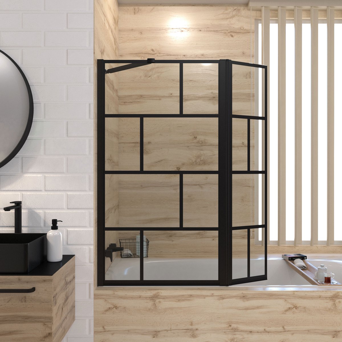 Pare baignoire avec volet pivotant - profile noir mat - 130x104 (HxL) - verre 5mm sérigraphié