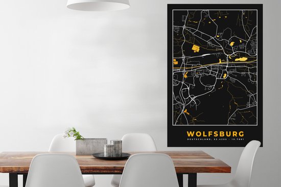 Affiche Black and Gold et Or - Plan de Ville - Wolfsburg - Allemagne - Plan - Carte - 80x120 cm