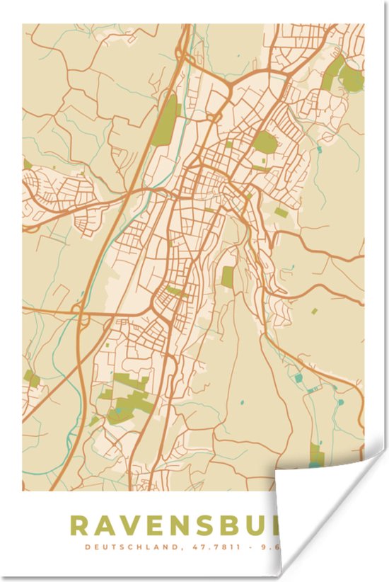Poster Ravensburg - Stadskaart - Plattegrond - Vintage - Kaart - 20x30
