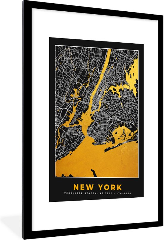 Fotolijst incl. Poster - New York - Stadskaart - Goud - Kaart - Plattegrond - 60x90 cm - Posterlijst