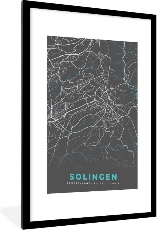 Fotolijst incl. Poster - Plattegrond – Solingen – Blauw – Stadskaart ...
