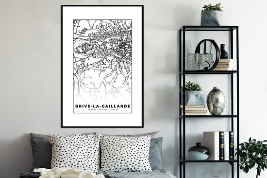 Fotolijst incl. Poster Zwart Wit- Kaart - Brive-la-Gaillarde - Plattegrond - Frankrijk - Stadskaart - Zwart wit - 80x120 cm - Posterlijst