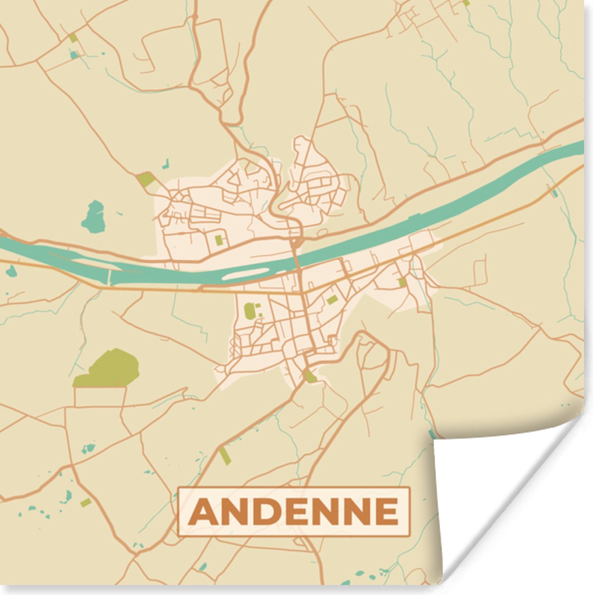 Poster Plattegrond - Kaart - Stadskaart - Vintage - Andenne - 100x100 ...