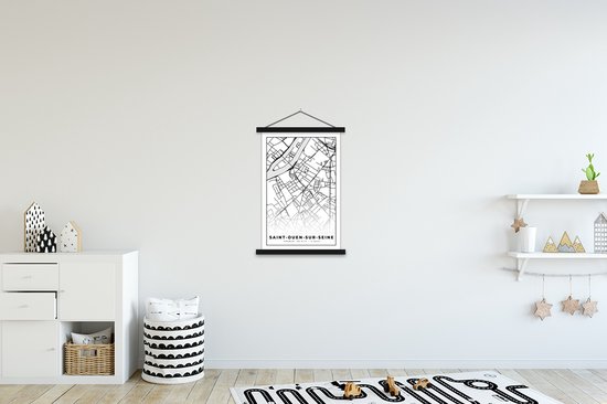 Porte-affiche avec Affiche - Affiche scolaire - Carte - Saint-Ouen-sur-Seine - Carte - France - Plan de la ville - Zwart et blanc - 60x90 cm - Lattes noires