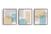 Poster Set 3 Abstracte lijnen kunst zon met mist en riet in ochtend / Abstract / 30x21cm