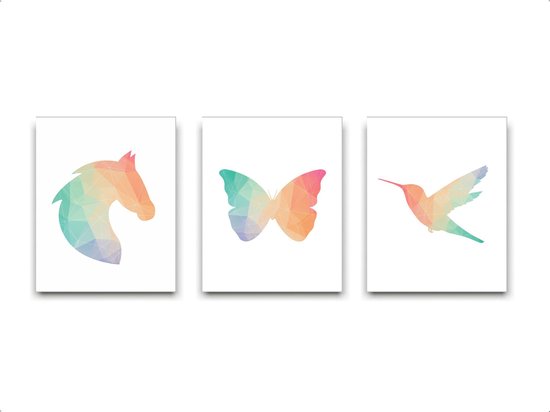 Schilderij  Set 3 geometrische paard vlinder kolibrie gekleurd / Bos / 30x21cm