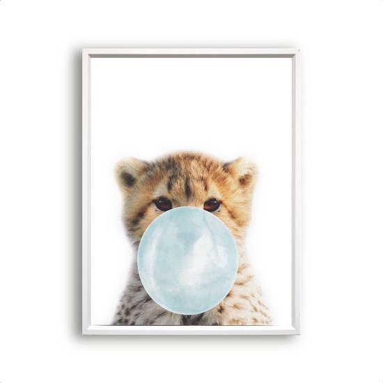 Poster Jungle cheeta met blauwe kauwgom - Jungle dieren / Kauwgombel / 30x21cm