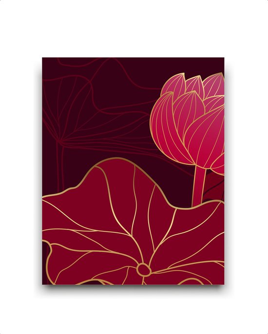 Peinture Lotus rouge doré et feuilles botaniques - Liens / Plantes / Feuilles / 50x40cm