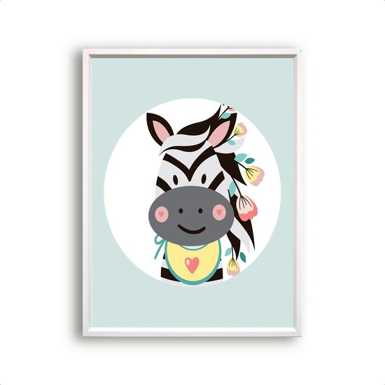 Poster Zebra met bloemetje - Groen / Jungle / Safari / 30x21cm