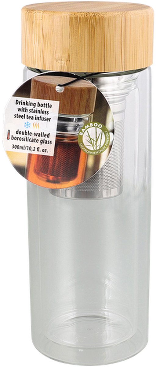 Treata - Dubbelwandige drinkfles met infuser- Fles met bamboe dop, thee infuser en hoes - Travel design