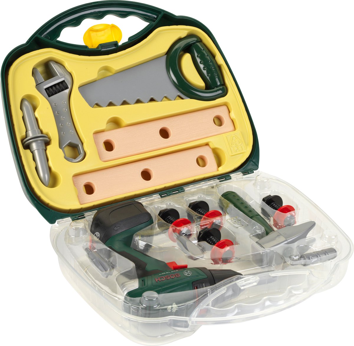 Klein Toys Bosch werkkoffer met accuschroevendraaier - incl. meer gereedschap, verwisselbare opzetstukken, licht- en geluidseffecten - groen geel - Klein