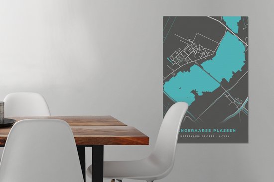 Canvas Schilderij Stadskaart - Water - Plattegrond - Langeraarse Plassen - Nederland - Kaart - 60x90 cm - Wanddecoratie