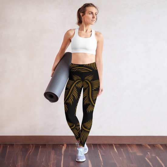 Sportlegging - design Lines 4 Peace - High Waist - Dry Fit - High Performance - 4way stretch- unieke print - UPF 50+ - Hardloop - Yoga - Fitness - Dans - Pilates - Training - sportbroek - zwart hazelnoot bruin - maat L — afbeelding 4