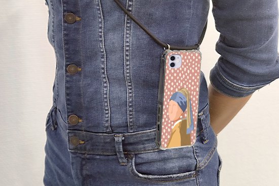 Coque avec cordon iPhone 12 Mini - Old masters - Fille à la perle - Pois - Vintage - Siliconen - Bandoulière - Coque arrière avec cordon - Coque pour téléphone avec cordon - Coque avec corde