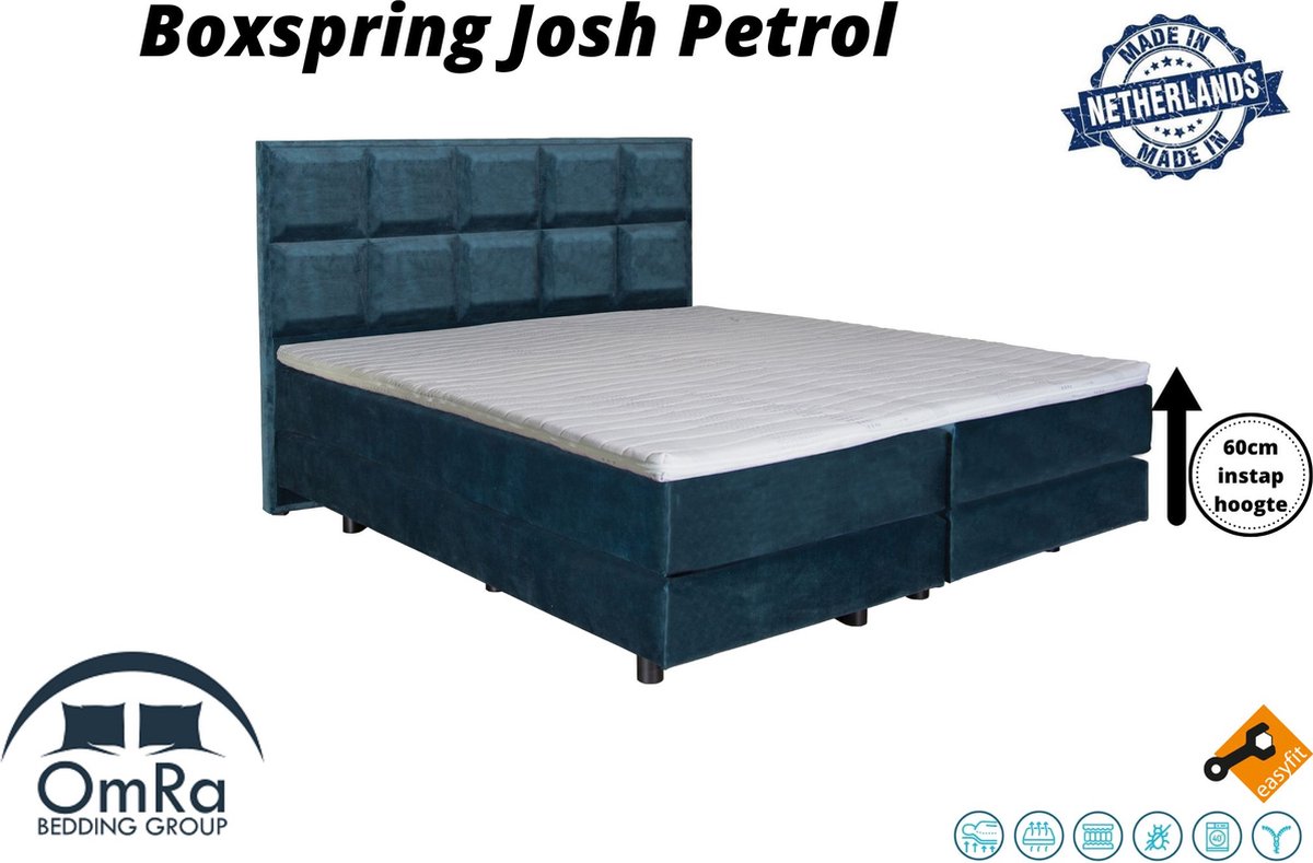 Omra Bedding - Complete boxspring - Josh Petrol - 180x190 cm - Inclusief Topdekmatras - Hotel boxspring