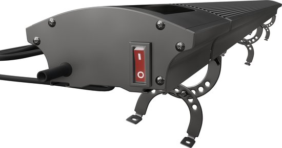 Achterkant van een zwarte VOLT! terrasverwarmer met rode aan/uit-schakelaar en montagebeugels.