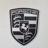Logo Porsche - Décoratif - Unique - Panneau mural - Largeur 50 cm - Placage Chêne - Aspect aluminium - Intérieur
