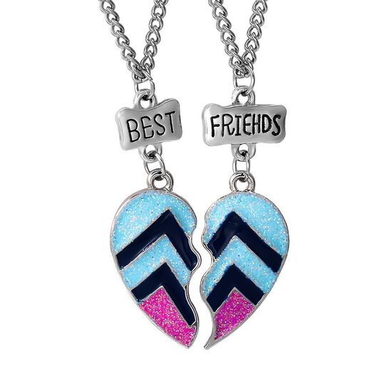 Kasey Vriendschapsketting - BFF ketting voor 2 - Best Friend - Glitter Hart - Blauw/Roze