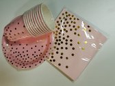 31 delige partyset roze borden, bekers, servetten en tafelkleed met gouden stippen voor een afwasvrij feestje