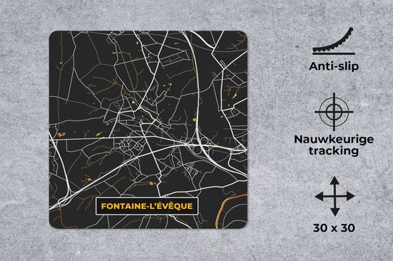 Muismat 30x30 cm - Mousepad Fontaine-L'Évêque - Plattegrond - Goud - Kaart - Stadskaart - Muismatten - Stadskaart