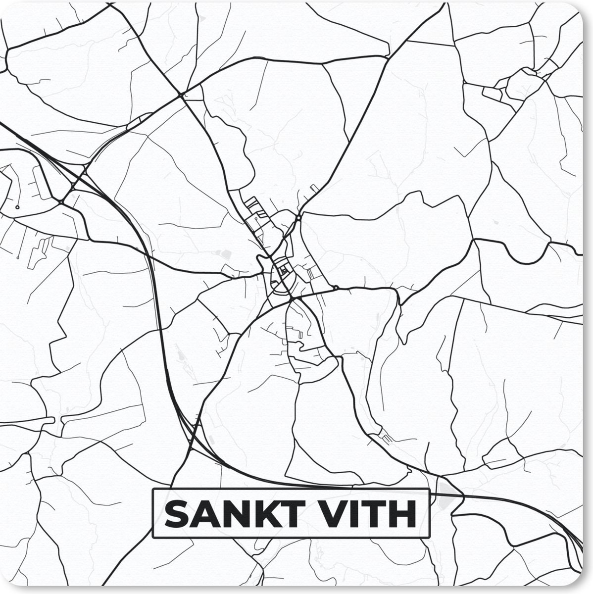 Muismat 30x30 cm - Mousepad Plattegrond – Sankt Vith – Zwart Wit – Stadskaart - Kaart - België - Muismatten - Stadskaart