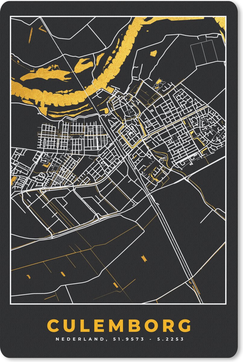 Muismat - Mousepad - Culemborg - Stadskaart - Black and Gold - Kaart - Plattegrond - 40x60 cm - Muismatten