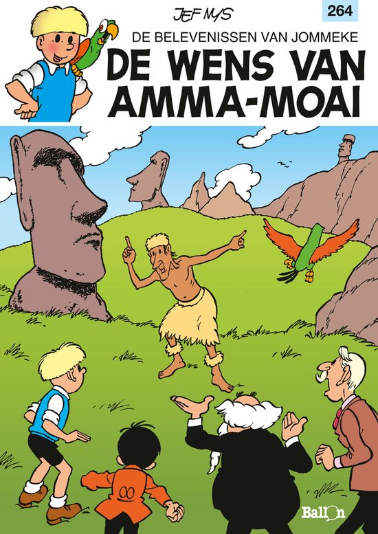Stripcover met Jommeke, Flip en andere figuren bij Paaseiland beelden. Titel: Jommeke 264. De wens van Amma-Moai.