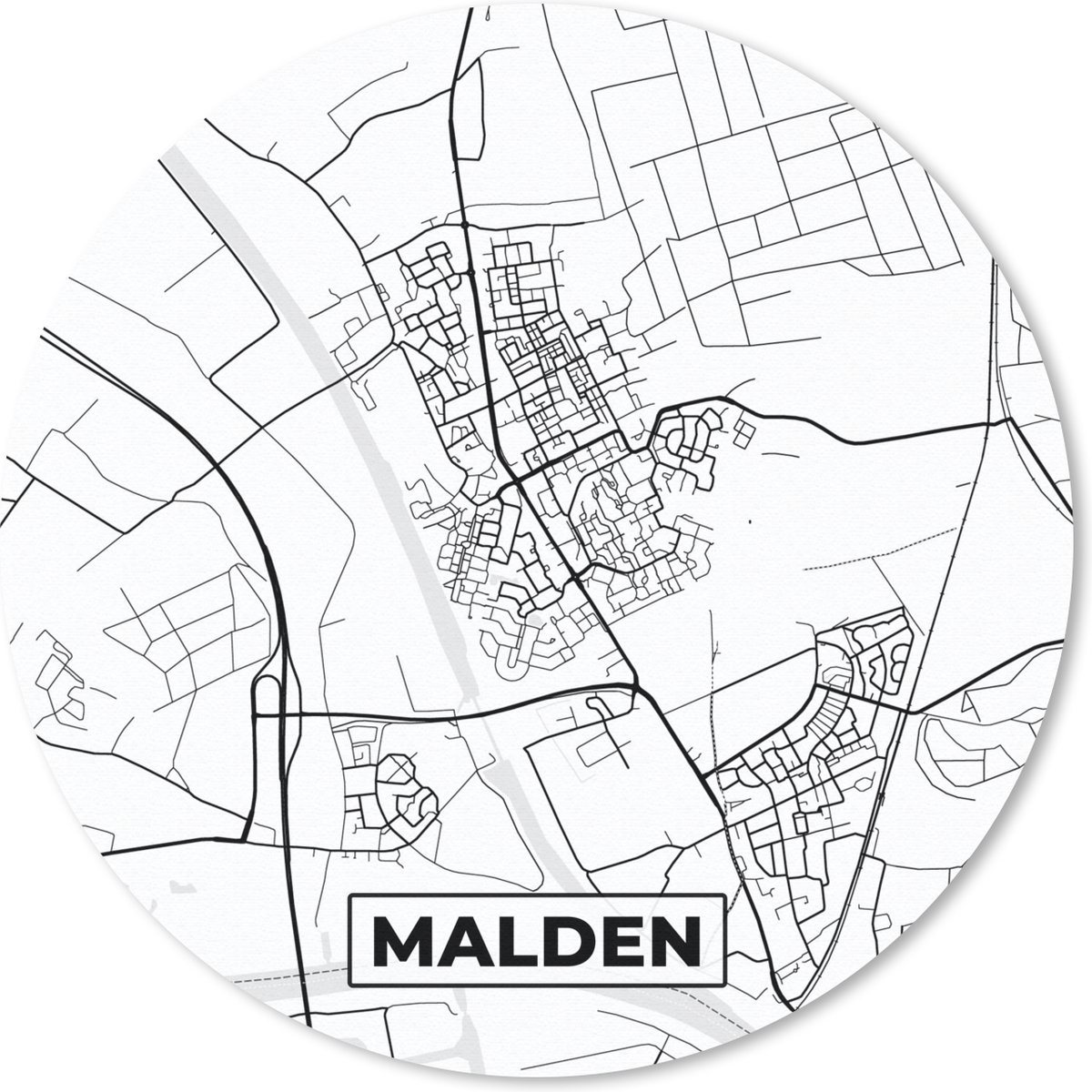 Muismat rond 50x50 cm - Mousepad Malden - Plattegrond - Stadskaart - Kaart - Nederland - Zwart Wit - Ronde muismatten - Stadskaart