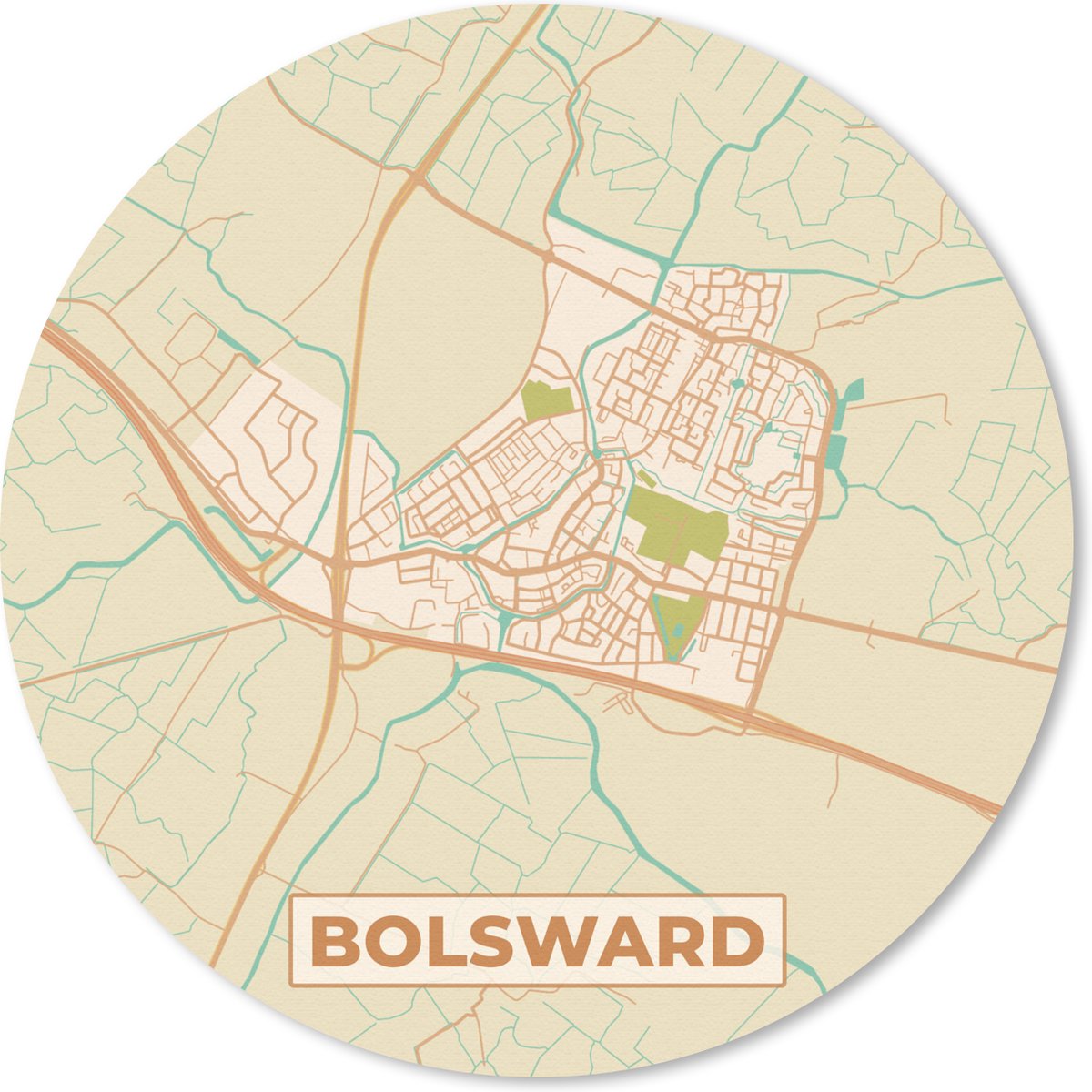 Muismat rond 50x50 cm - Mousepad Bolsward - Vintage - Kaart - Stadskaart - Plattegrond - Ronde muismatten - Stadskaart