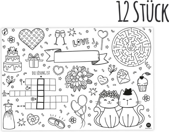 Set de table en papier / Coloriage - Mariage / Mariage / Fête (12 pcs