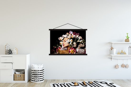 Porte-affiche avec affiche - Affiche scolaire - Femmes - Fleurs - Roses - Portrait - 150x100 cm - Lattes noires