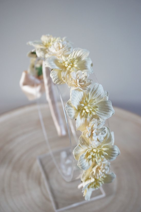 Haarband met bloemen en haarstrik - Luxe haaraccessoires - Crème wit - Haarband - Bows and Flowers