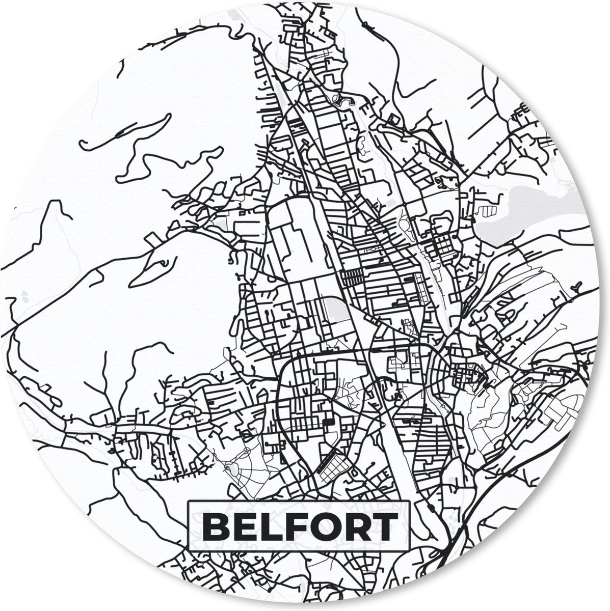 Muismat rond 40x40 cm - Mousepad Kaart - Frankrijk - Stadskaart - Plattegrond - Belfort - Zwart wit - Ronde muismatten - Stadskaart