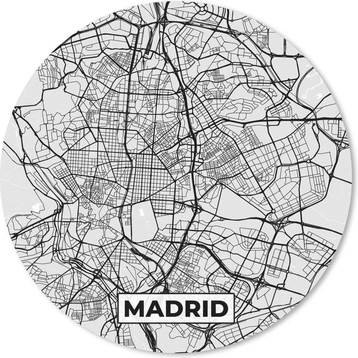 Muismat rond 20x20 cm - Mousepad Madrid - Zwart Wit - Stadskaart - Plattegrond - Kaart - Ronde muismatten - Stadskaart
