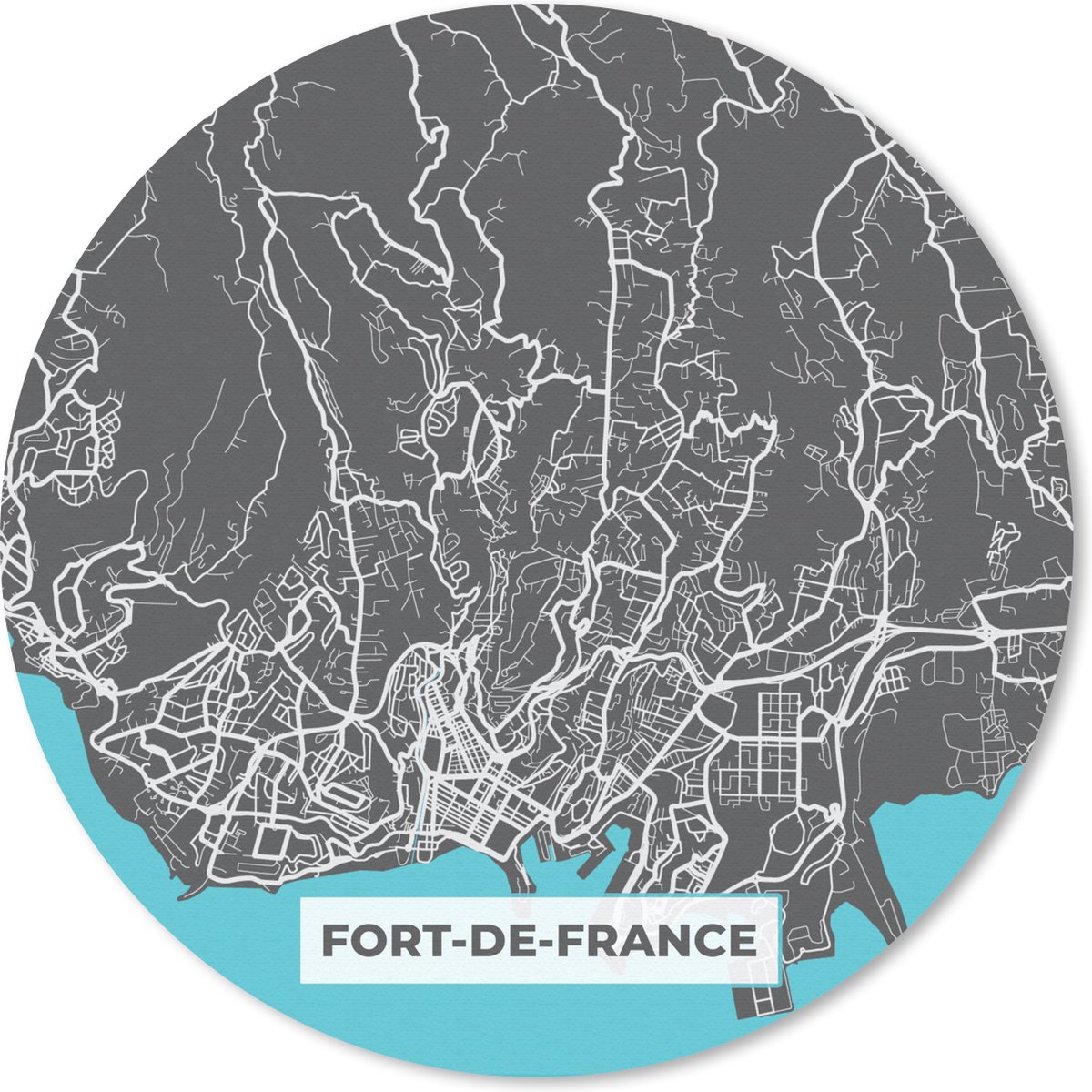 Muismat - Mousepad - Rond - Kaart - Frankrijk - Stadskaart - Plattegrond - Fort-de-France - 20x20 cm - Ronde muismat