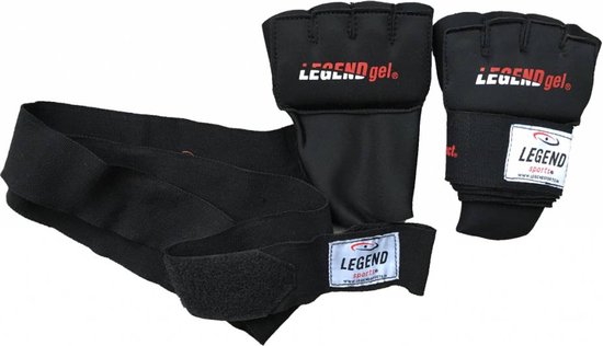 Zwarte Legend Gel binnenhandschoenen met rode opdruk LEGEND gel en lange zwarte bandagewikkels.