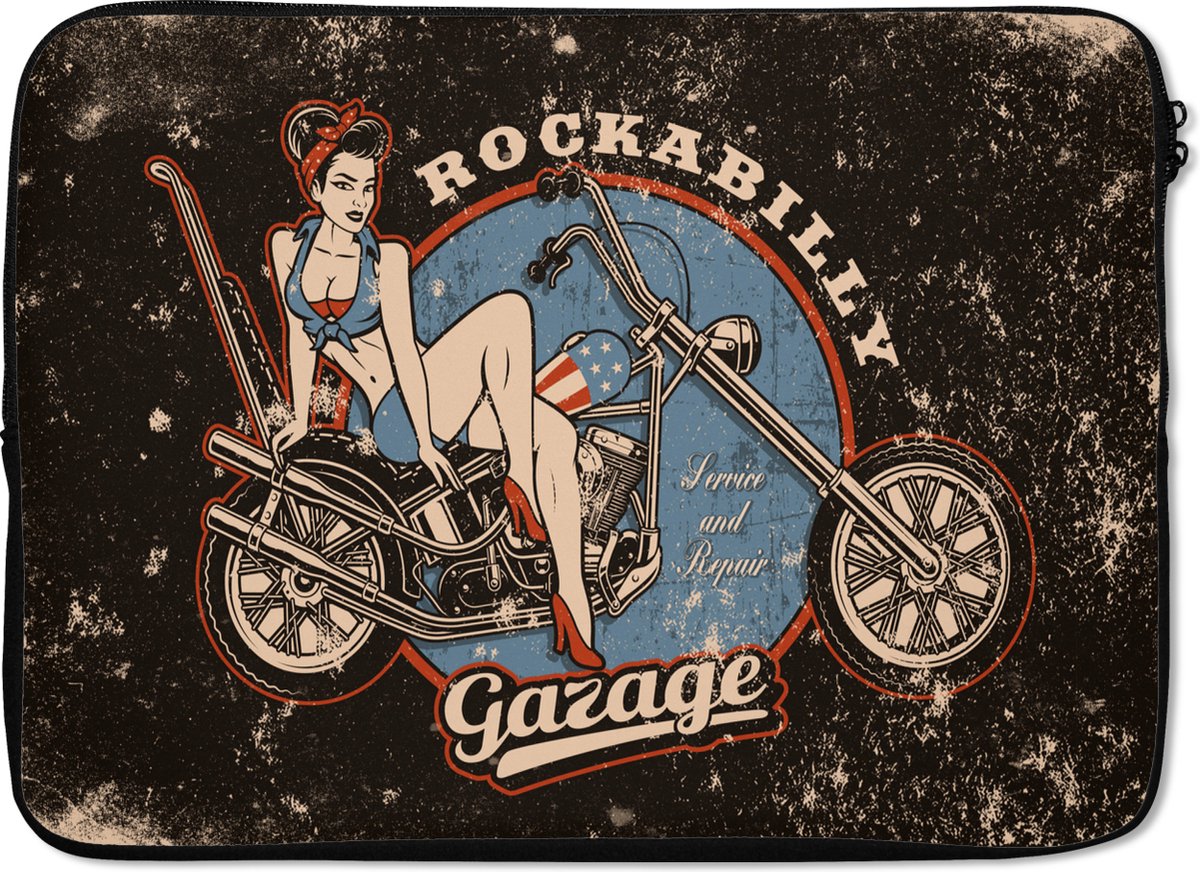 Laptophoes 13 inch - Mancave - Motor - Vrouwen - Retro - Laptop sleeve - Binnenmaat 32x22,5 cm - Zwarte achterkant