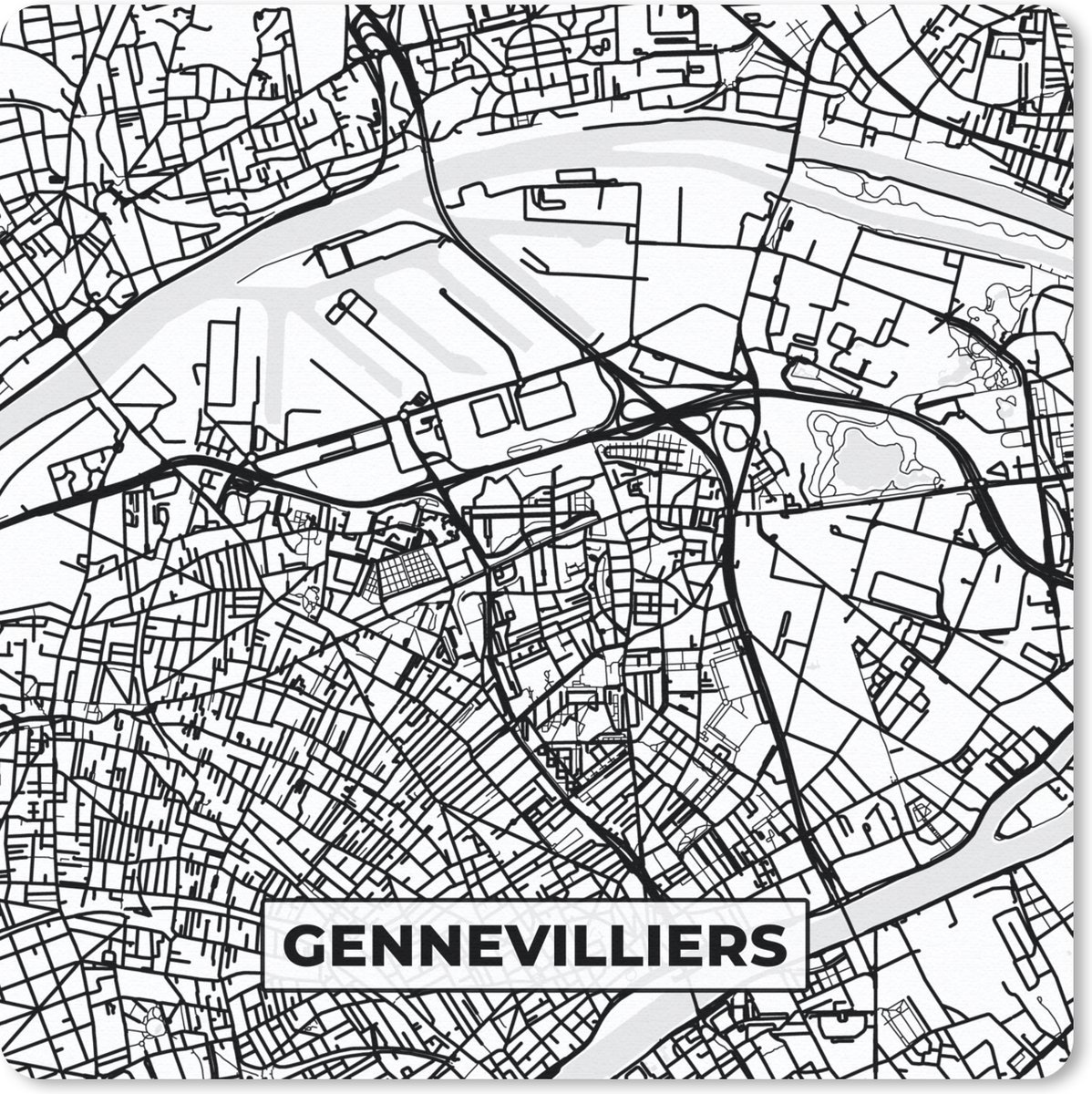 Muismat 30x30 cm - Mousepad Frankrijk - Plattegrond - Gennevilliers - Stadskaart - Kaart - Zwart wit - Muismatten - Stadskaart