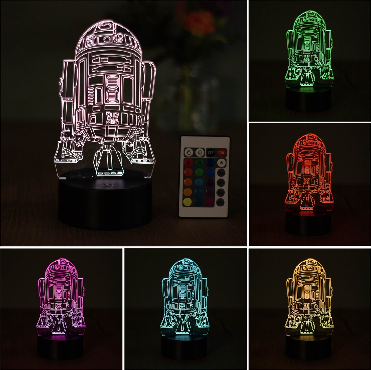Klarigo®️ Nachtlamp – 3D LED Lamp Illusie – Star Wars - 16 Kleuren – Bureaulamp – R2D2 – Sfeerlamp – Nachtlampje Kinderen – Creative - Afstandsbediening