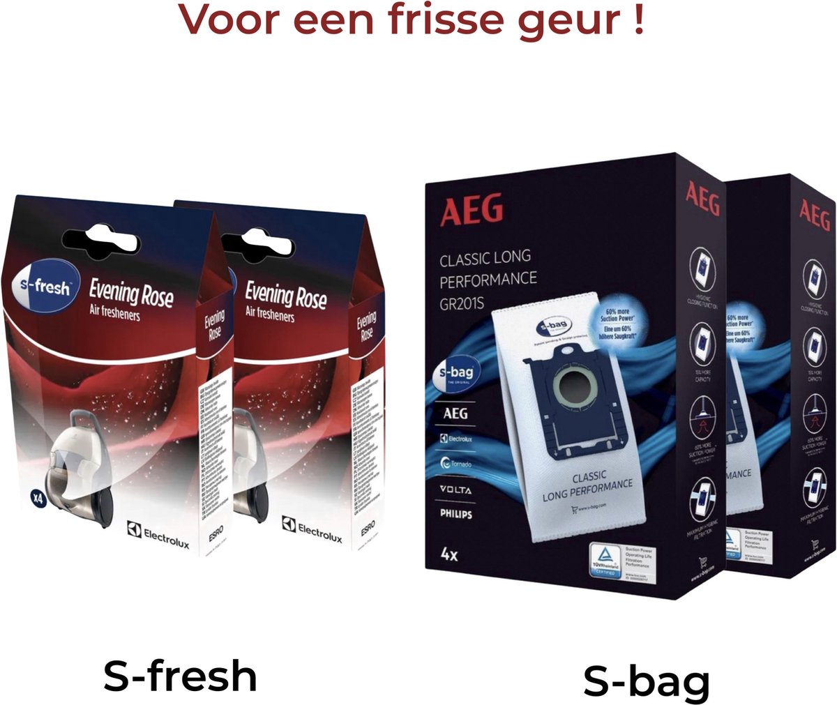 AEG - 2x S-BAG stofzuigerzakken + 2x S-FRESH Geurkorrels (evening rose) - Air fresheners - Geurparels - Voor Stofzuigers - COMBIDEAL