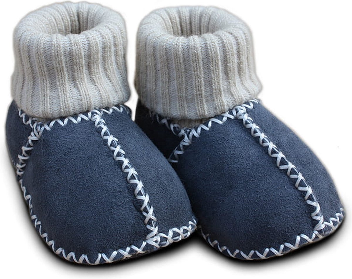 WOOOL® Schapenvacht Slofjes - Baby - Antraciet (16/17) 100% Echt Leer en Schapenwol - ECO+