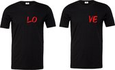 Matching set koppel-LOVE-voorkant shirts-zwart-rood-korte mouwen-Maat M