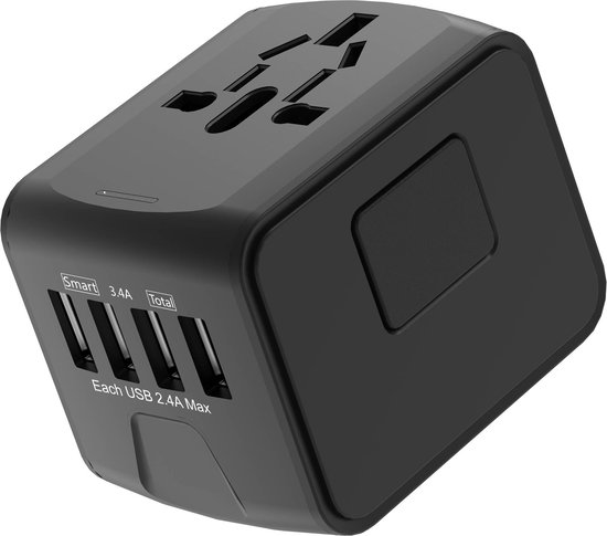 FEDEC Universele Wereldstekker met 4 USB Poorten - Internationale Reisstekker voor 150+ landen - Oplader – Zwart