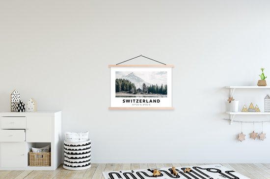 Porte-affiche avec affiche - Affiche scolaire - Suisse - Berg - Chalet - Vert - 90x60 cm - lattes vierges