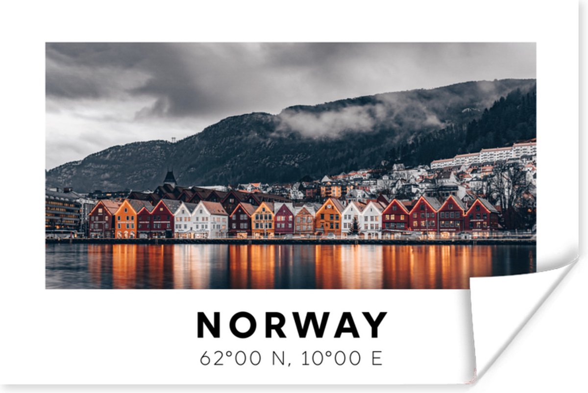Poster Noorwegen - Huizen - Meer - 90x60 cm