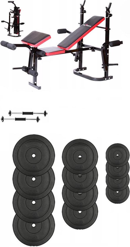 Halterbank INC. 35 kg GEWICHTEN - Sportbank - Fitnessbank + halterschijven + 2 dumbbell stangen - multifunctioneel - volledig instelbaar – Opklapbaar