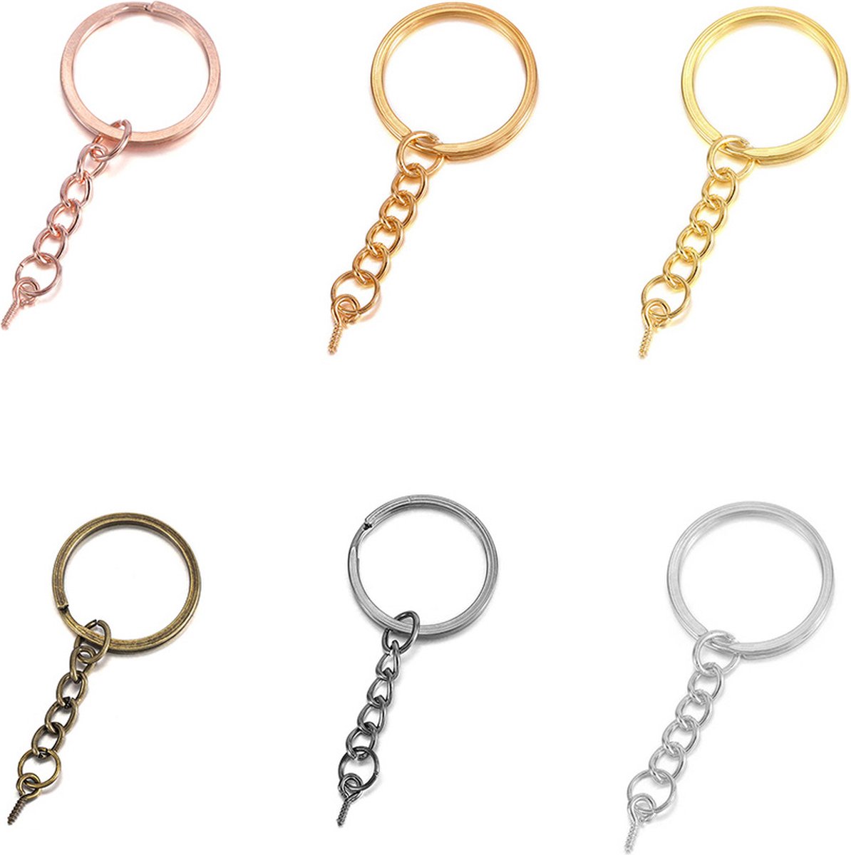 DW4Trading Sleutelhangerringen met Ketting en 2 Schroefoogjes - 6 Sets - Ø 25 mm - Goud, Zilver, Gun Black, Brons, Kc Goud en Rose Goud